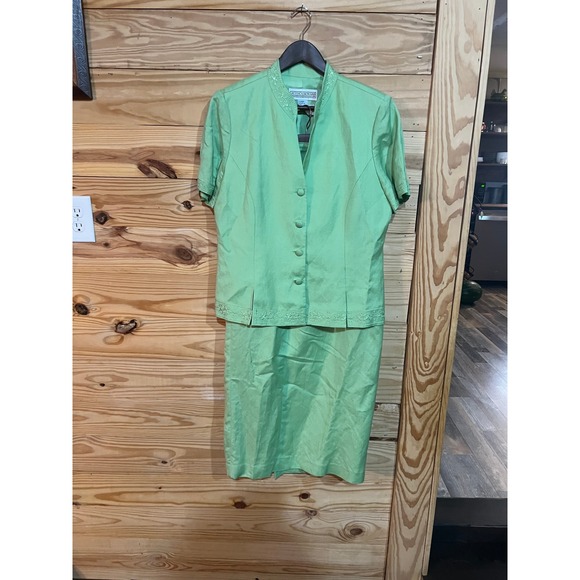 Jessica Howard Dresses & Skirts - Jessica Howard Green Linen 2 Piece Dress Long Skirt Embroidered Top Women's 14